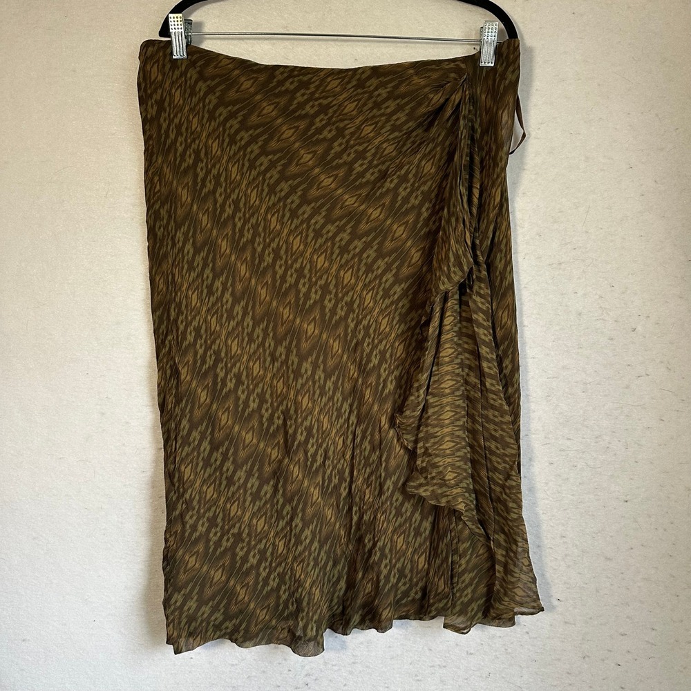 Lauren Ralph Lauren Brown Ikat Silk Ruffle Midi Skirt Womens XL Green Earthy